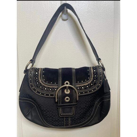 Coach Vintage Soho Black Signature small c Canvas & Patchwork Shoulder Bag Y2K - Picture 1 of 13